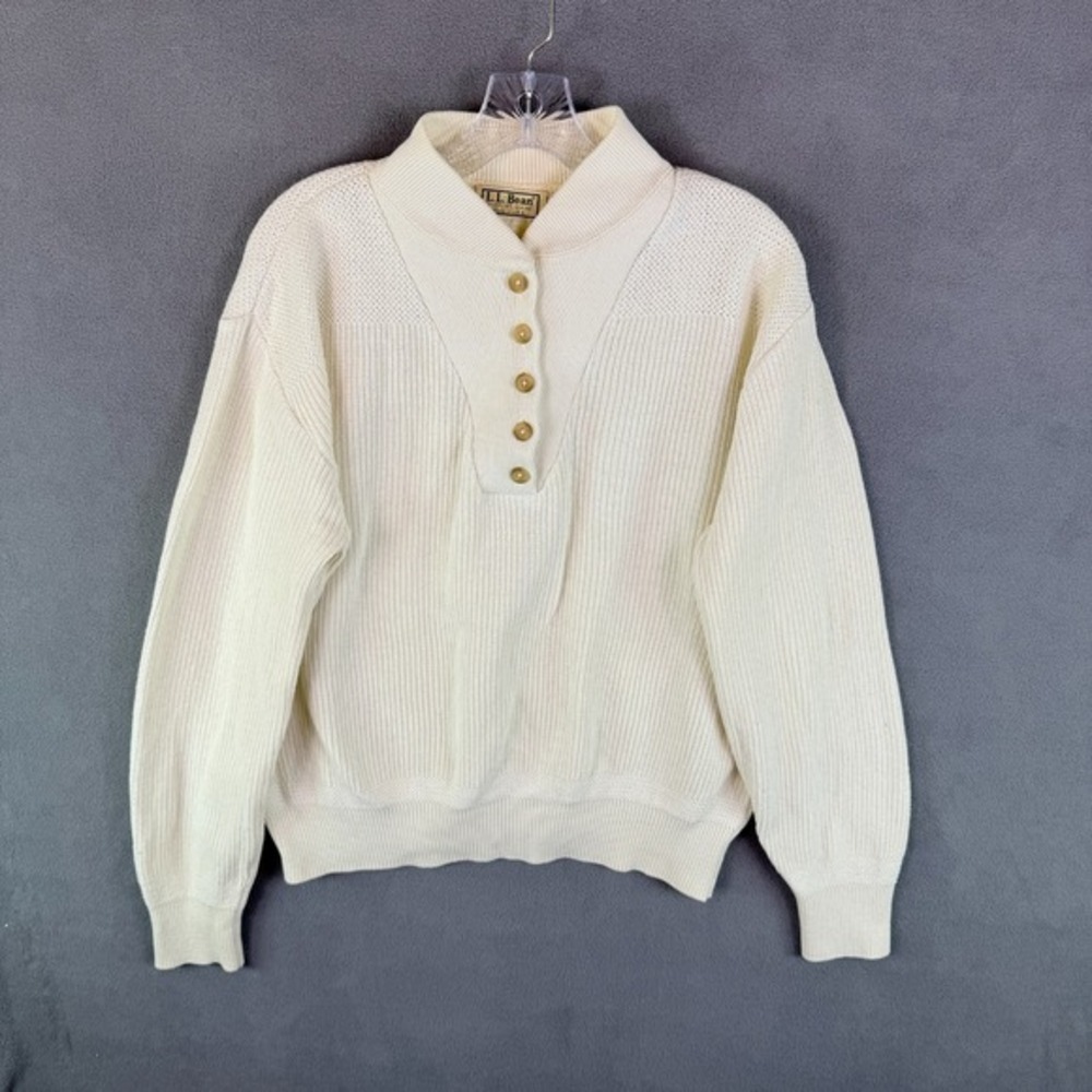Vintage LL Bean Sweater Womens L Henley Chunky Ribbed Knit Fisherman Made in USA
